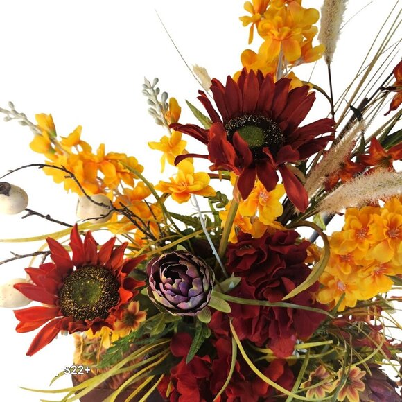 Artificial Floral Arrangement In Vintage Fishing Creel Wicker Basket With Leathe - Picture 4 of 14